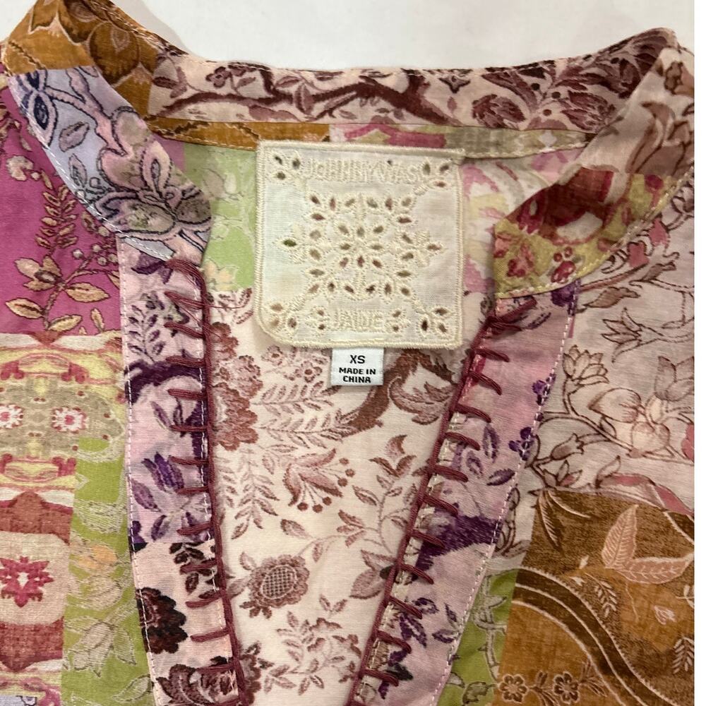 Johnny Was XS Bertha Silk-Blend Boho Top Paisley Floral Patchwork Pattern Blouse - Picture 4 of 7